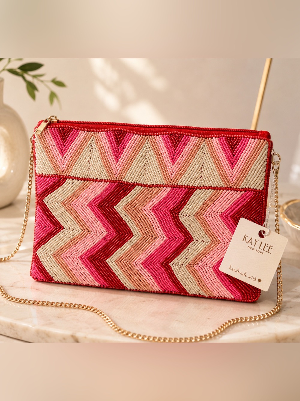 Kay Lee New York Chevron Beaded Pink and Cream Wristlet Clutch with Gold Chain